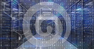 Image of binary coding data processing over computer servers in background