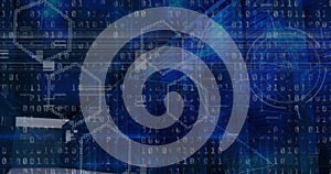 Image of binary coding data processing over computer servers in background