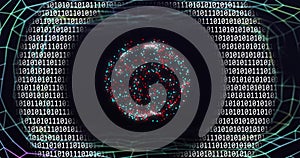Image of binary coding data processing over connections on black background