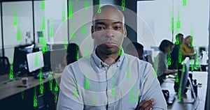 Image of binary coding data processing over diverse business people in office