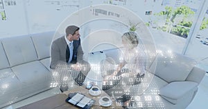 Image of binary coding data processing over diverse business people in office