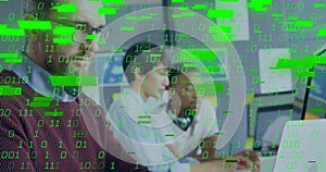 Image of binary coding data processing over diverse business people in office