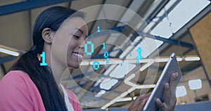 Image of binary coding data processing over diverse business people in office