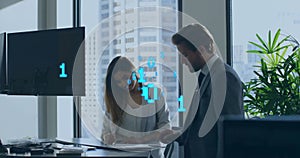 Image of binary coding data processing over diverse business people in office