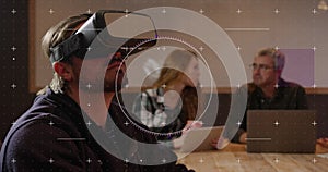 Image of binary coding data processing over diverse business people in office