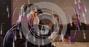 Image of binary coding data processing over diverse business people in office