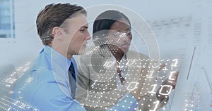 Image of binary coding data processing over diverse business people in office