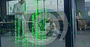 Image of binary coding data processing over diverse business people in office