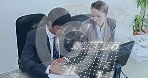 Image of binary coding data processing over diverse business people in office