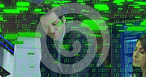 Image of binary coding data processing over diverse business people in office