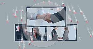 Image of binary coding data processing over diverse business people on screens