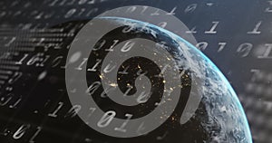 Image of binary coding and data processing over globe
