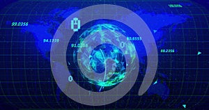 Image of binary coding and data processing over globe and world map