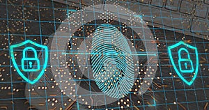 Image of binary coding data processing over grid on blue background