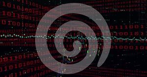 Image of binary coding data processing over grid on dark background