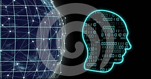 Image of binary coding data processing over head and globe