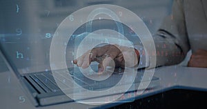 Image of binary coding data processing over man using laptop