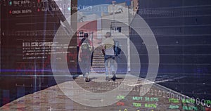 Image of binary coding and data processing over men walking in street