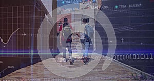 Image of binary coding and data processing over men walking in street