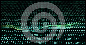 Image of binary coding data processing over mesh of connections on black background