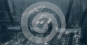 Image of binary coding and data processing over office background