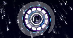 Image of binary coding data processing over scope scanning on black background
