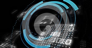 Image of binary coding data processing over scope scanning on black background