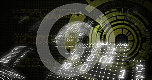 Image of binary coding data processing over scope scanning on black background