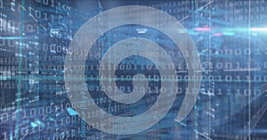 Image of binary coding data processing over screens of mosaic squares against blue background