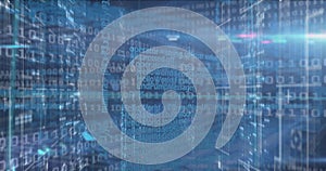 Image of binary coding data processing over screens of mosaic squares against blue background