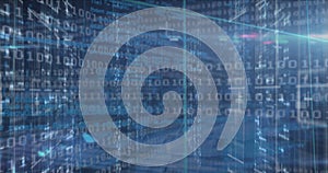 Image of binary coding data processing over screens of mosaic squares against blue background