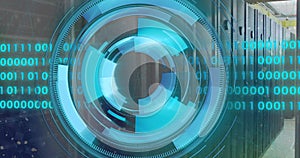 Image of binary coding data processing and scope over computer servers