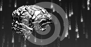 Image of binary coding data processing with spinning human brain over black background
