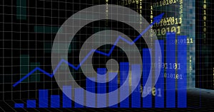 Image of binary coding, data processing and statistics over dark background