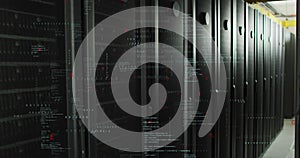 Image of binary coding data processing and symbols against computer server room