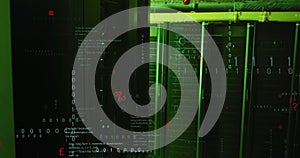 Image of binary coding data processing and symbols against computer server room