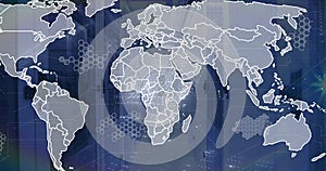 Image of binary coding data processing and world map over computer servers