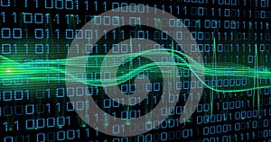 Image of binary coding and digital data processing over black background