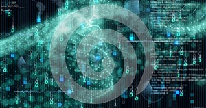 Image of binary coding and digital data processing over black background