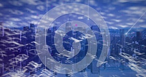 Image of binary coding and digital data processing over cityscape