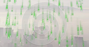 Image of binary coding and digital data processing over cityscape