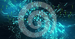 Image of binary coding and digital data processing over computer circuit board