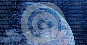 Image of binary coding digital data processing over globe on dark background