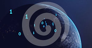 Image of binary coding digital data processing over globe