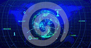 Image of binary coding digital data processing over globe and world map
