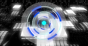 Image of binary coding digital data processing over scope scanning on black background