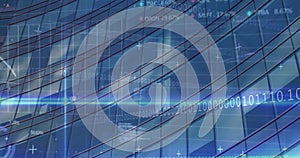 Image of binary coding, financial data processing over office building