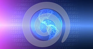 Image of binary coding and globe icon on blue background