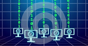 Image of binary coding and globe icons on blue background
