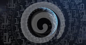 Image of binary coding numbers changing over globe